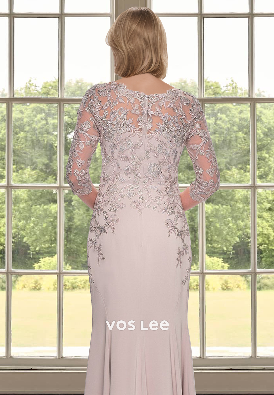 Graceful Column V Neck Long Sleeves Floor Length Lace Mother of the Bride Dress