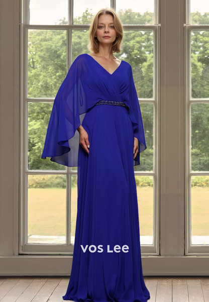 Simple V Neck Column Long Sleeves Royal Blue Satin Mother of the Formal Dress