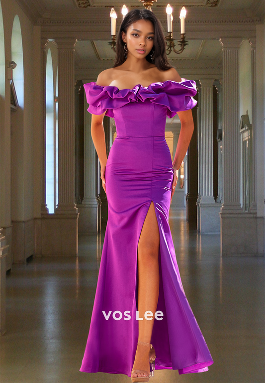 Elegant Sheath Off Shoulder Back Zipper Side Split Satin Prom Graduation Dress