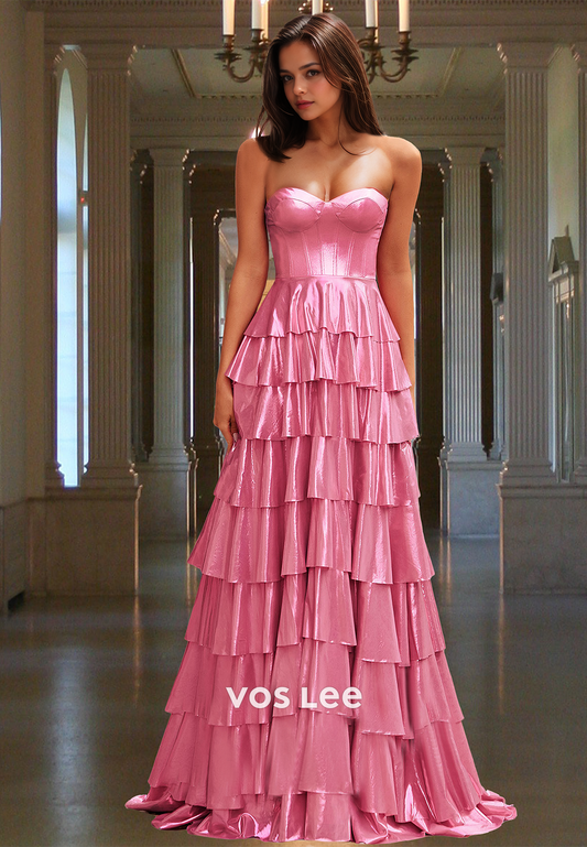 Ornate A-Line Sweetheart Back Zipper Tiered Satin Sweep Train Prom Evening Dress