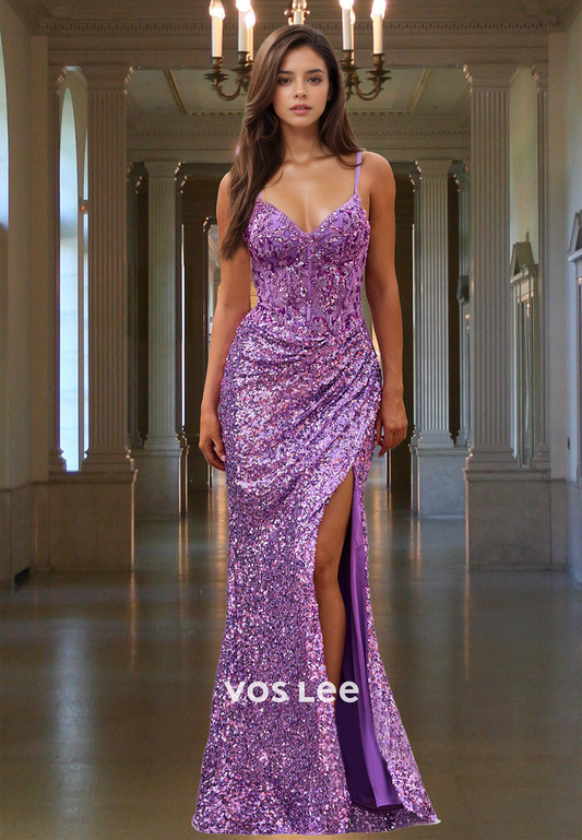 Sparkly Column V Neck Side Split Sweep Train Prom Graduation Dress Glitter