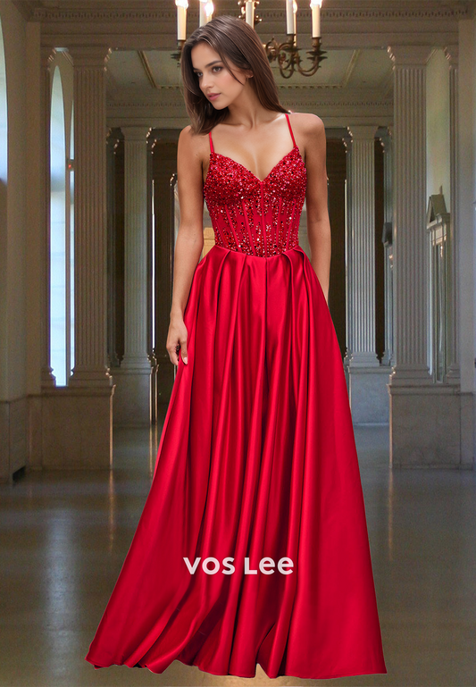 Modest Red A-Line Lace Up V Neck Pleated Sweep Train Satin Prom Party Dress
