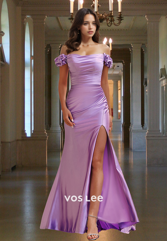 Elegant Column Off Shoulder Side Split Sweep Train Lilac Satin Prom Pageant Dress