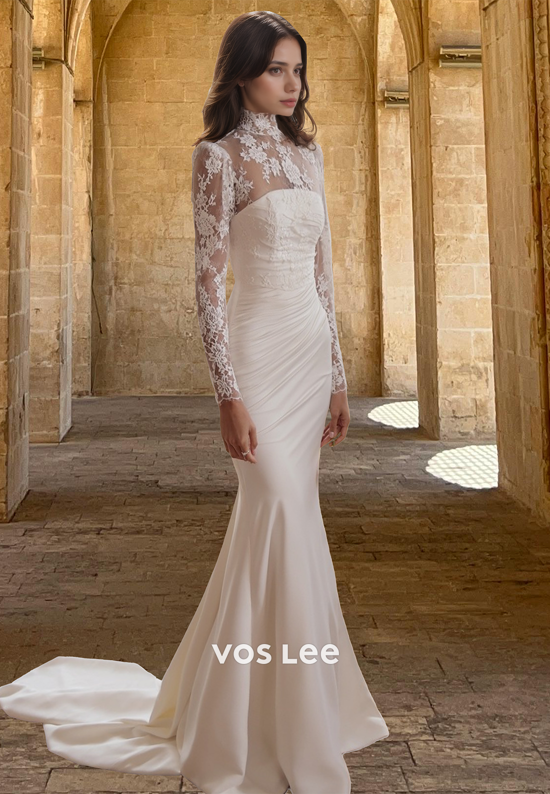 Elegant Sheath High Neck Long Sleeves Lace Appliques Satin Wedding Dre –  VOS LEE