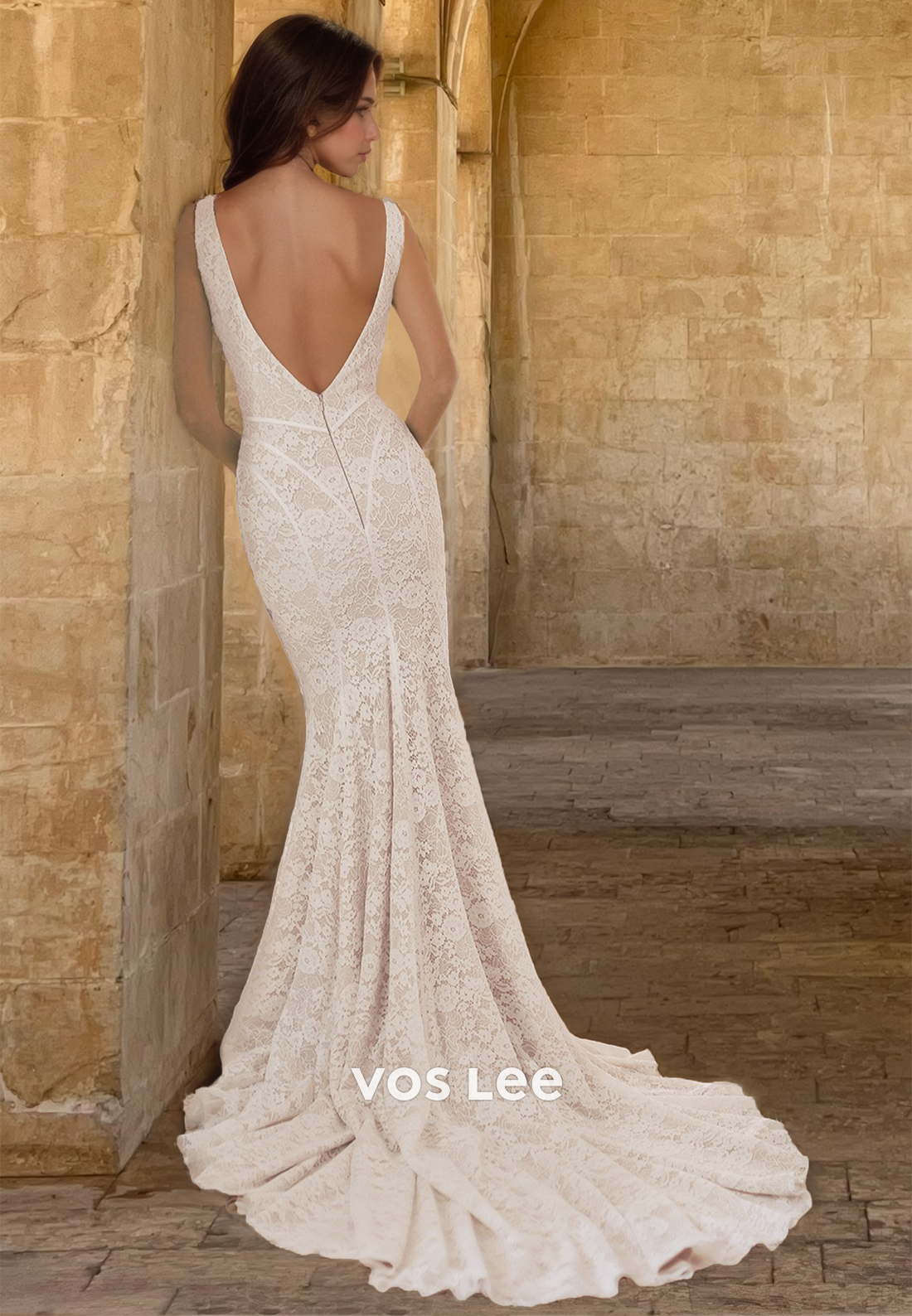 Sexy Mermaid Deep V Neck Backless Lace Appliques Pleated Wedding Dress