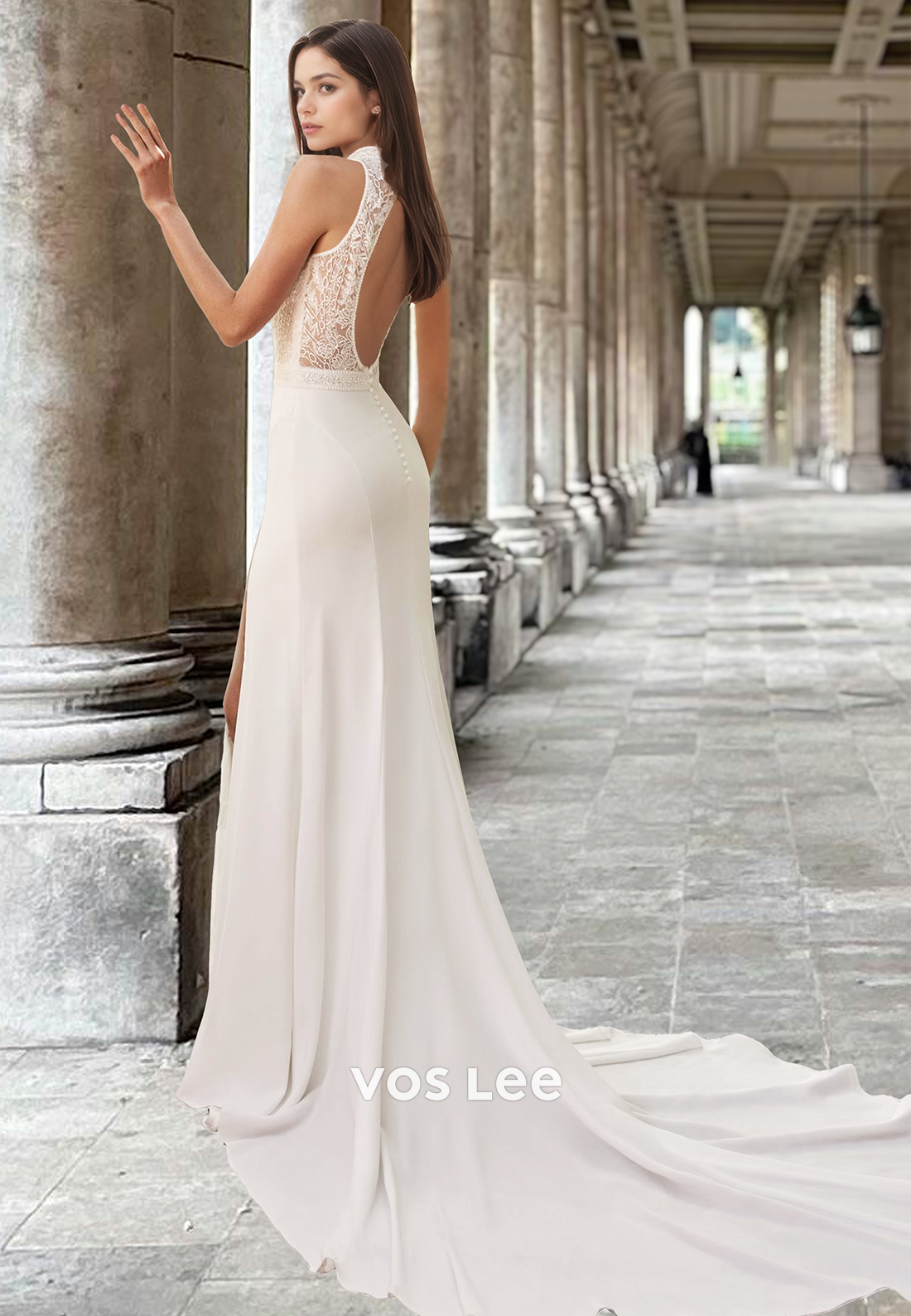 Simple Column High Neck Side Split Backless Lace Draped Wedding Bride VOS LEE Simple Column High Neck Side Split Backless Lace Draped Wedding Bride VOS LEE