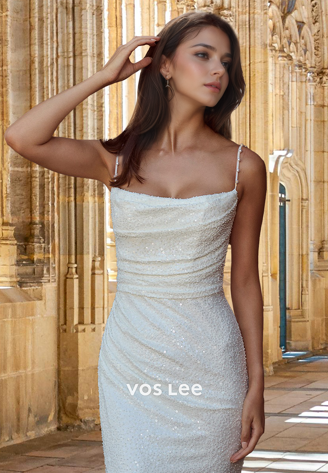 Sparkly Mermaid Backless Square Neck Court Train Wedding Dress Glitter