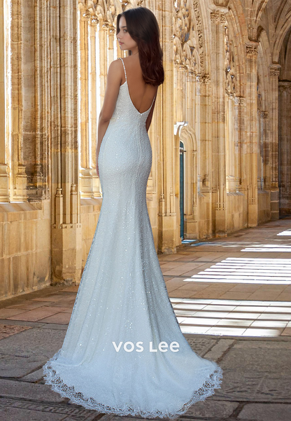 Sparkly Mermaid Backless Square Neck Court Train Wedding Dress Glitter