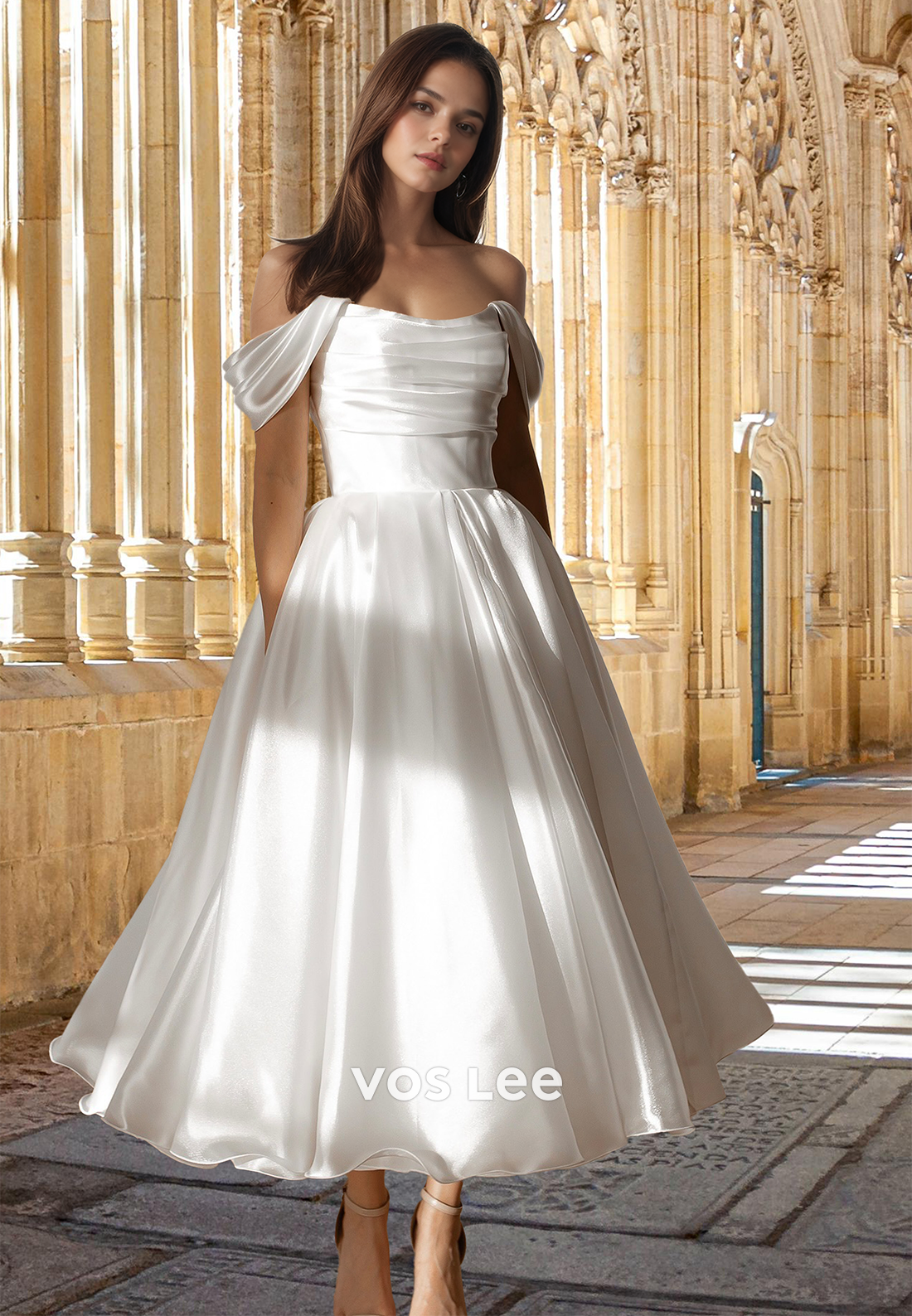 Classy A-Line Off Shoulder Lace Up Tea Length Pleated Satin Wedding Gu –  VOS LEE