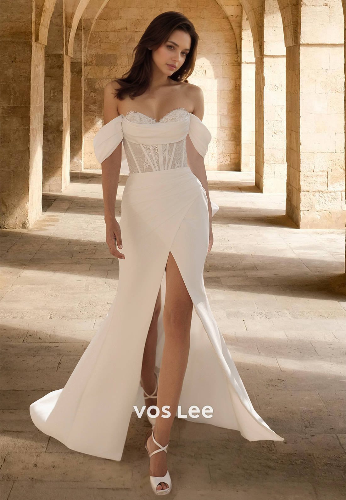 Classy A-Line Off Shoulder Side Split Court Train Ruched Satin Wedding VOS LEE Classy A-Line Off Shoulder Side Split Court Train Ruched Satin Wedding VOS LEE