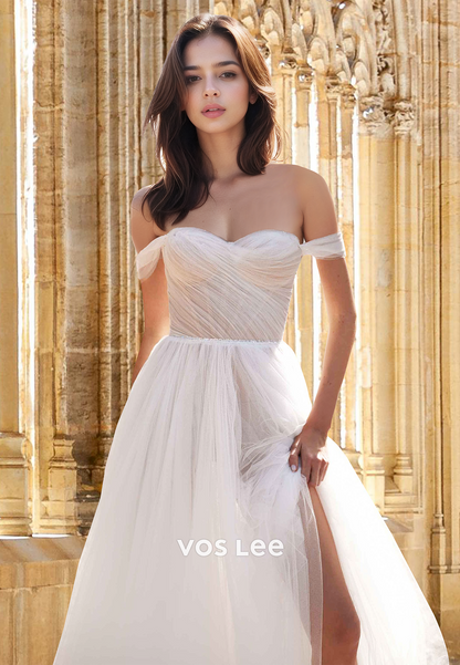 Classy A-Line Off Shoulder Lace Up Sleeveless Pleated Tulle Wedding Dress