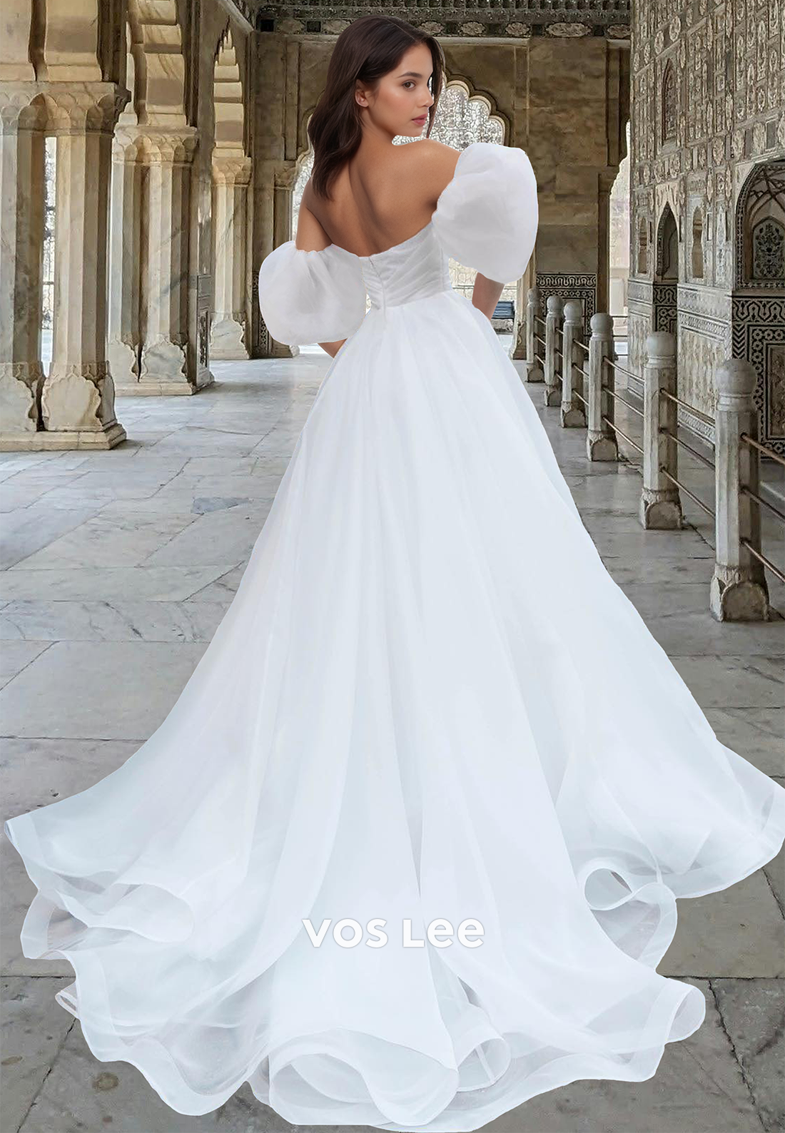 Modest Sweetheart Puff Sleeves A-Line Pleated Tulle Court Trauin Wedding Gown