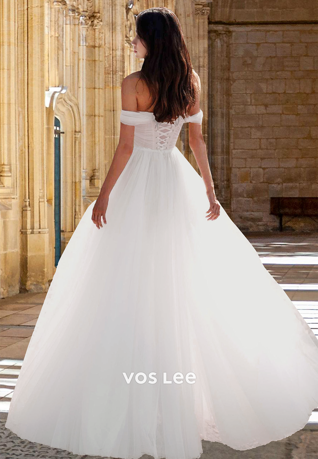 Classy A-Line Off Shoulder Lace Up Sleeveless Pleated Tulle Wedding Dress