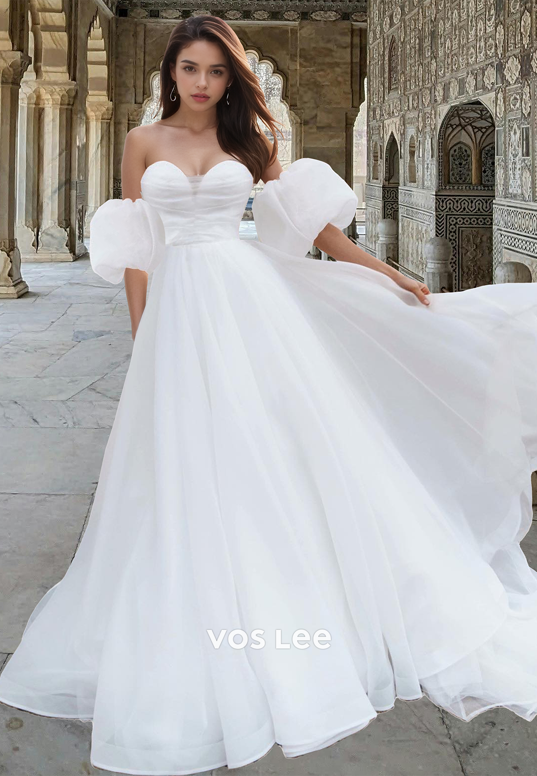 Modest Sweetheart Puff Sleeves A-Line Pleated Tulle Court Trauin Wedding Gown