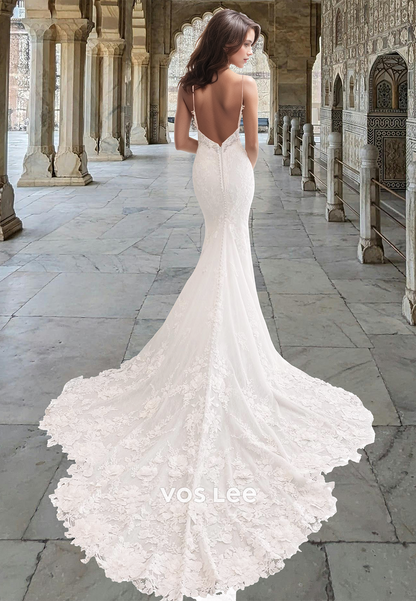 Luxury Plunging V Neck Spaghetti Straps Lace Appliques Court Train Mermaid Wedding Gown