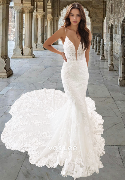 Luxury Plunging V Neck Spaghetti Straps Lace Appliques Court Train Mermaid Wedding Gown