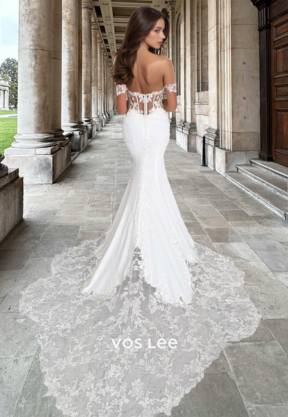 Mermaid/Trumpet Off Shoulder Lace Appliques Court Train Backless Wedding Dress