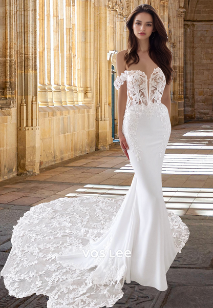 Mermaid/Trumpet Off Shoulder Lace Appliques Court Train Backless Wedding Dress