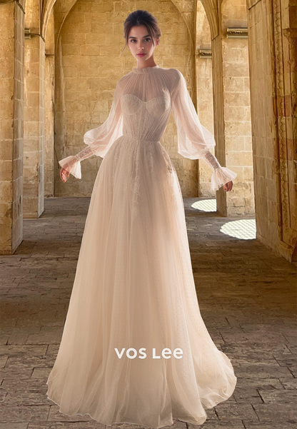 Dreamy A-Line High Neck Long Sleeves Lace Appliques Tulle Wedding Bride Dress