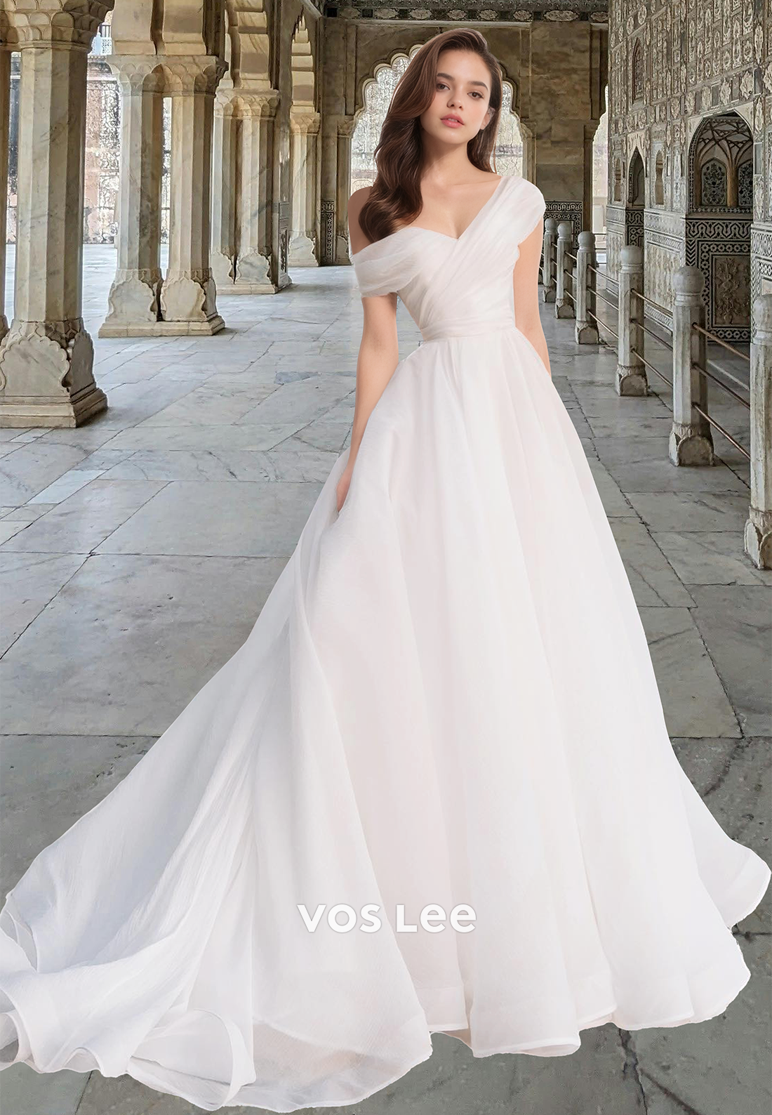 Charming One Shoulder Court Train A-Line Sleeveless Pleated Tulle Wedding Gown