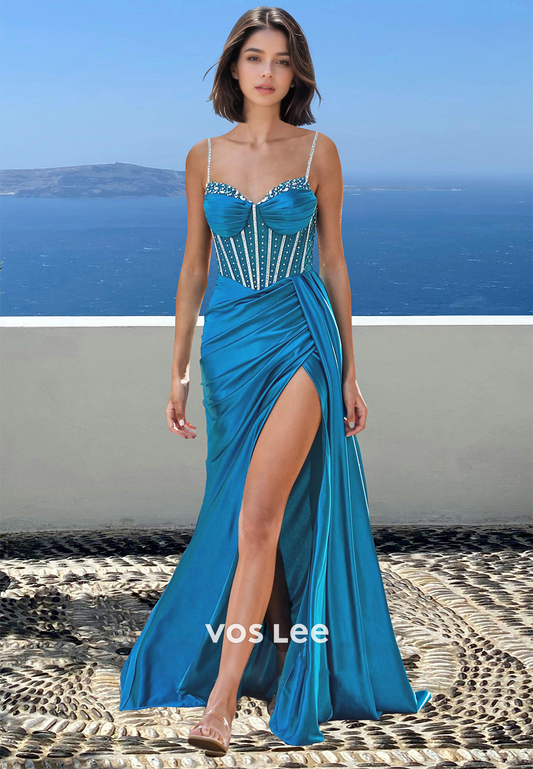 Blue Column Sweetheart High Split Sweep Train Sequins Satin Prom Holiday Dress