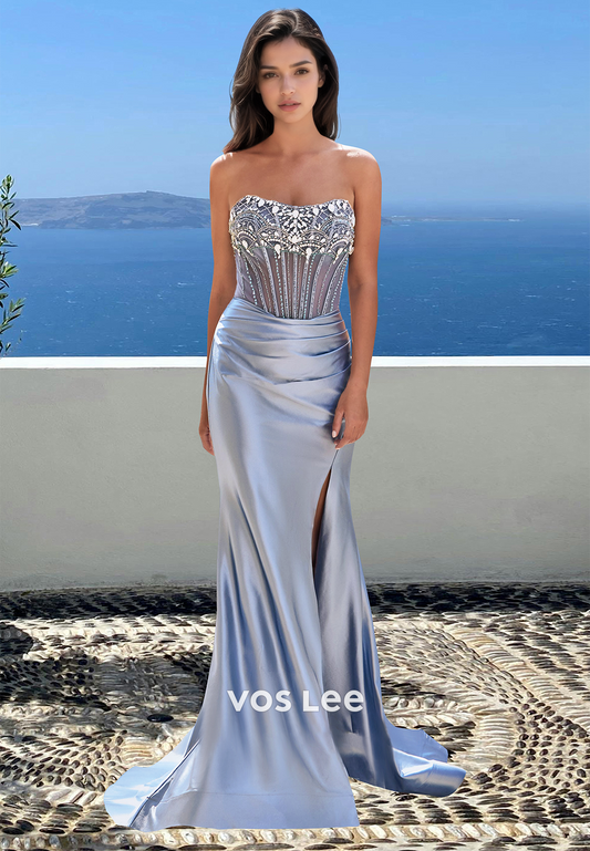 Gorgeous Column Strapless Lace Up Beaded Satin Prom Evening Dress with Split