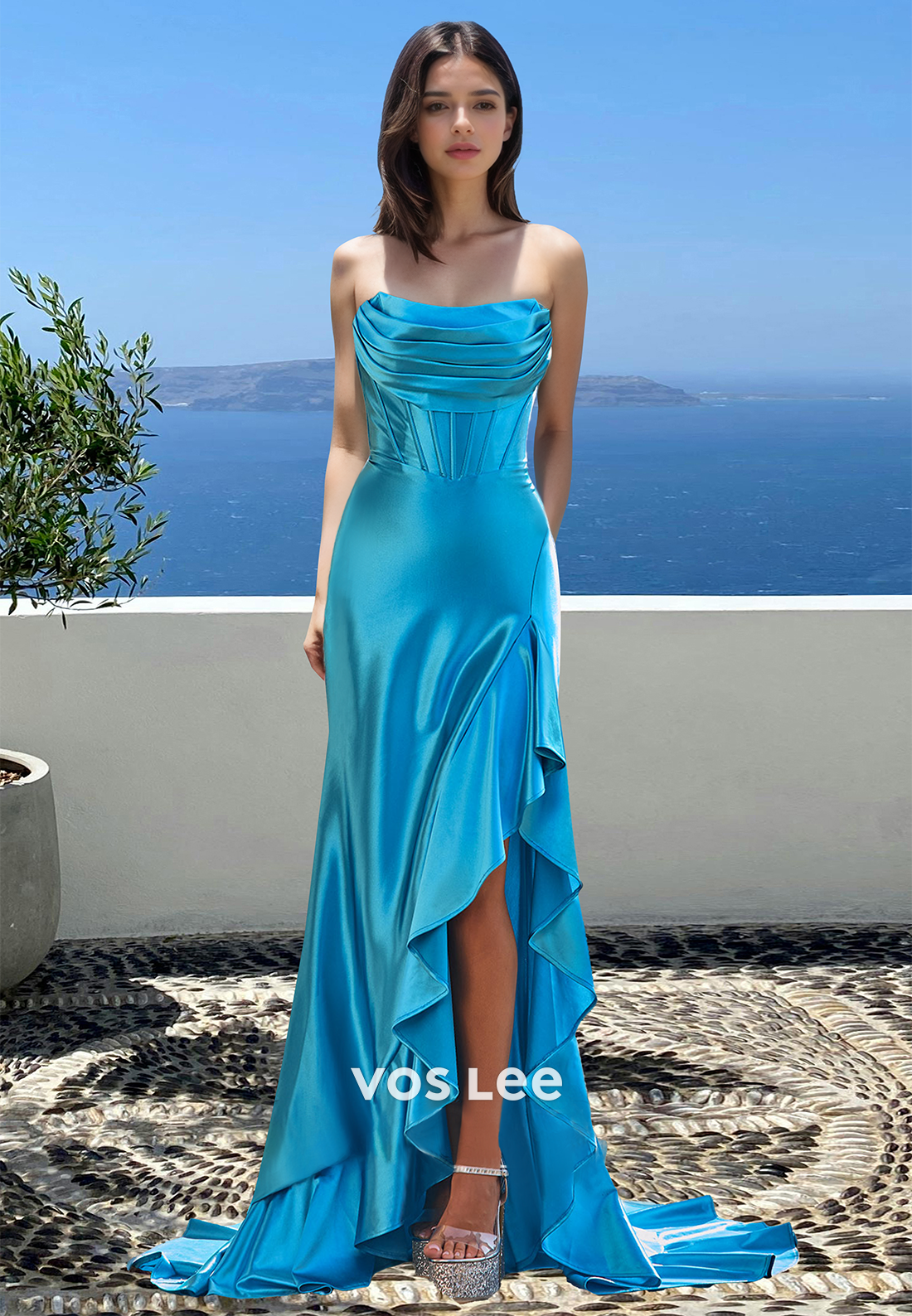 Simple Column Strapless Lace Up Blue Ruffled Sweep Train Prom Formal Dress