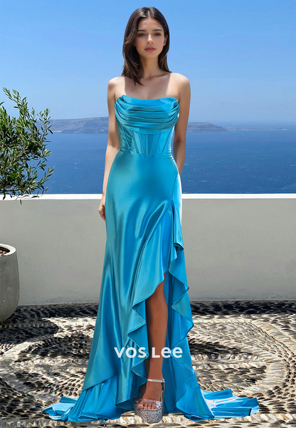 Simple Column Strapless Lace Up Blue Ruffled Sweep Train Prom Formal Dress