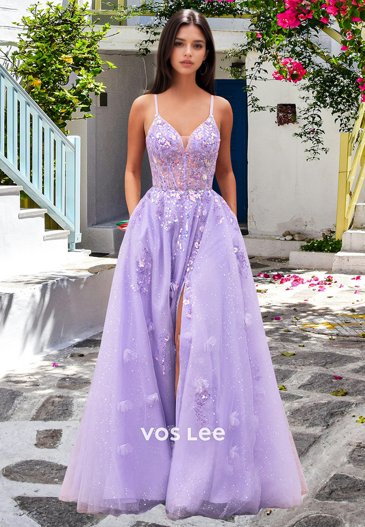 Dreamy A-Line V Neck Lace Up Appliques Pleated Tulle Prom Birthday Dress Glitter