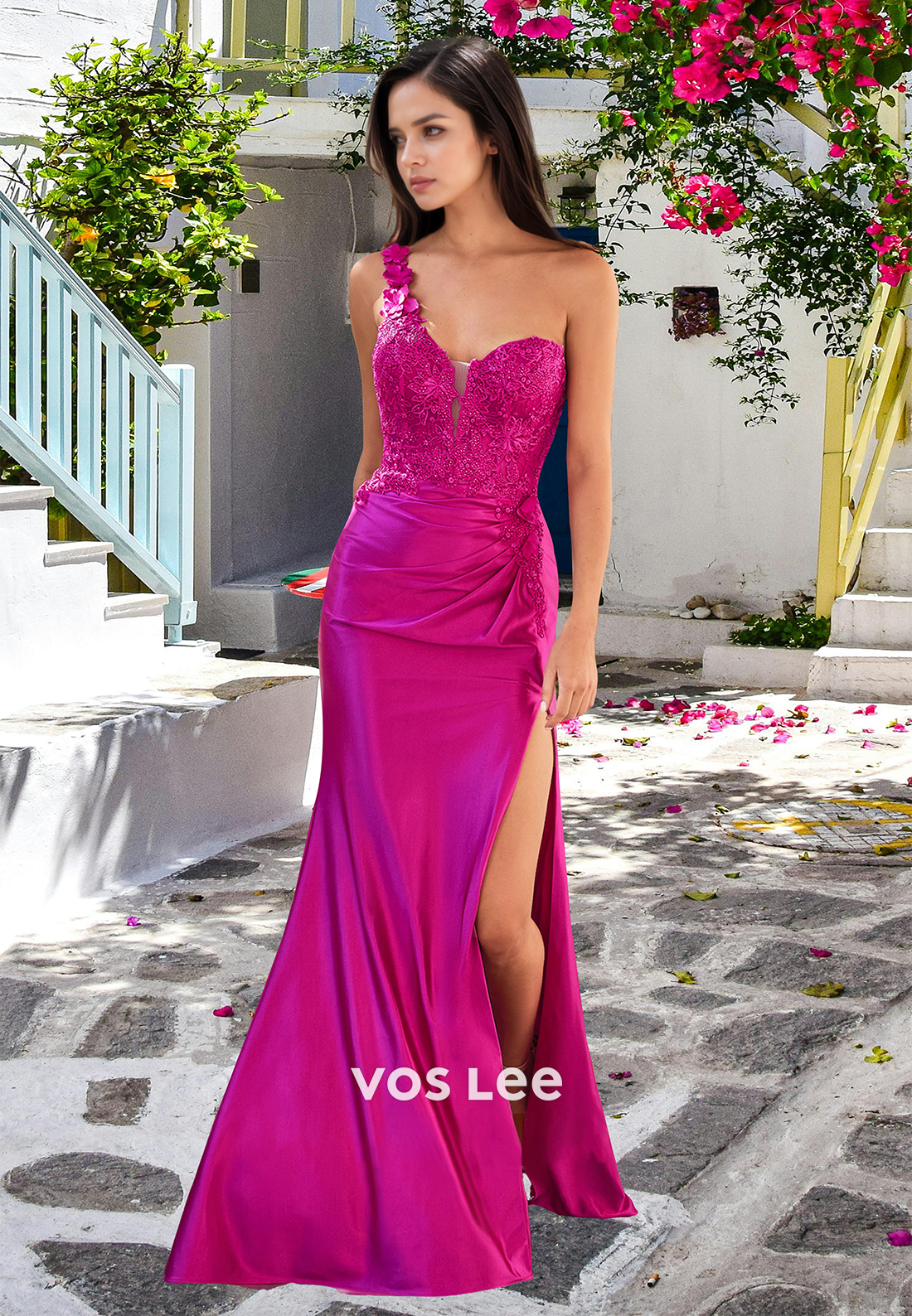 Fuchsia One Shoulder Mermaid Lace Appliques Side Split Pleated Prom Party Dress