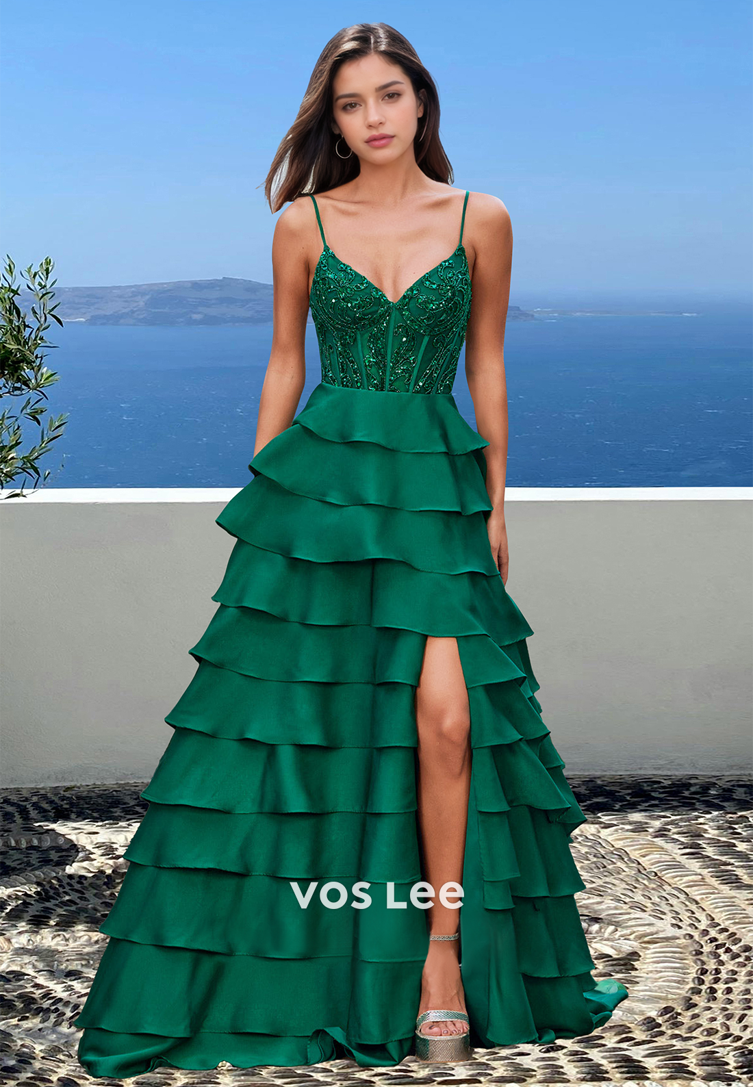 Unique A-Line Tiered Satin Lace Appliques Side Split Dark Green Prom Formal Dress