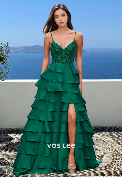 Unique A-Line Tiered Satin Lace Appliques Side Split Dark Green Prom Formal Dress