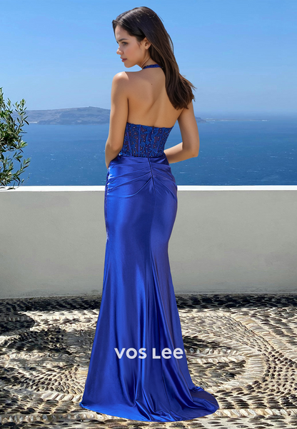 Sexy Sheath Halter Backless Lace Appliques Glitter Side Split Prom Evening  Dress