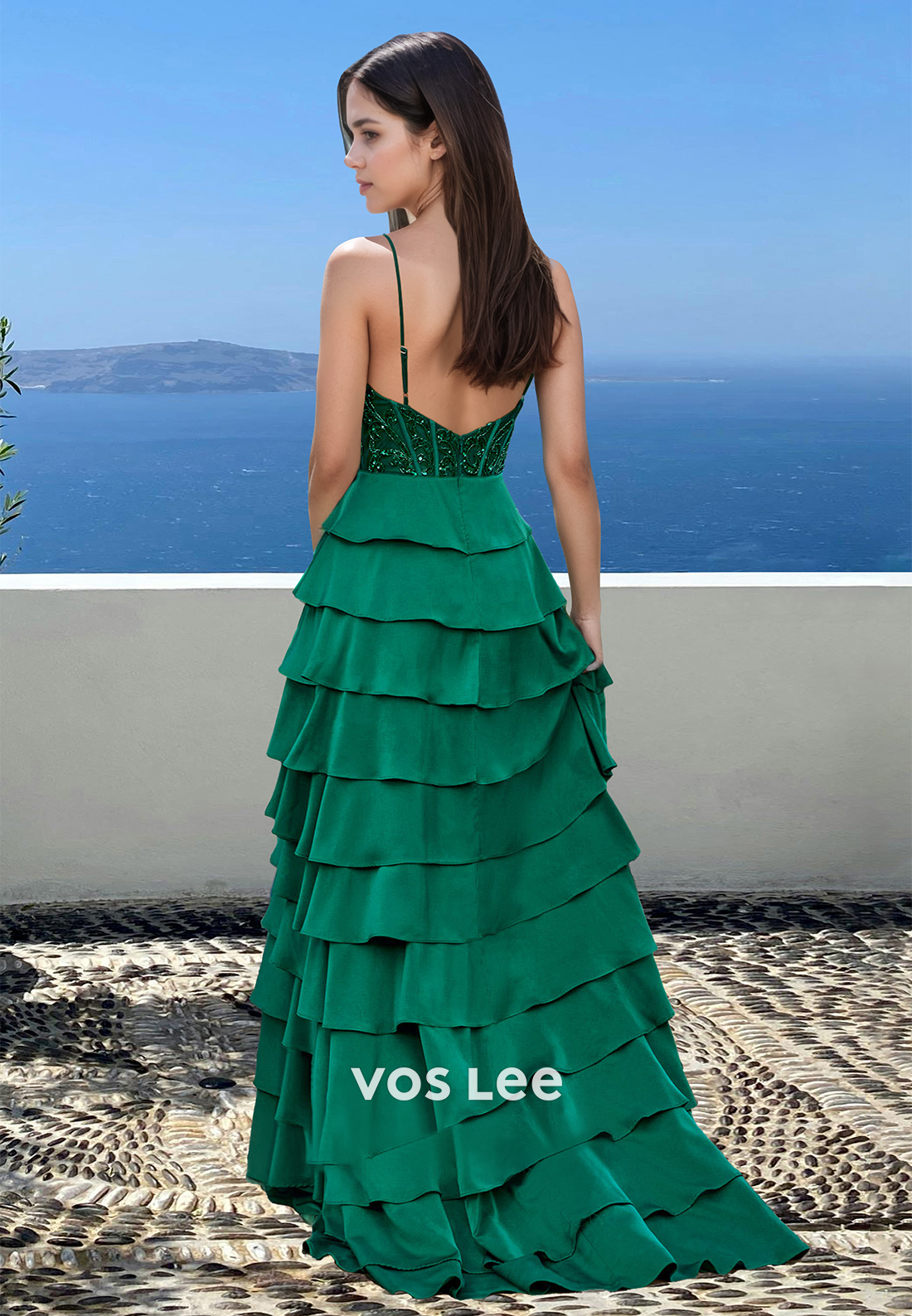 Unique A-Line Tiered Satin Lace Appliques Side Split Dark Green Prom Formal Dress