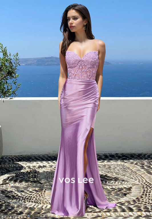 Elegant Column Sweetheart Lace Appliques Spaghetti Straps Prom Graduation Dress