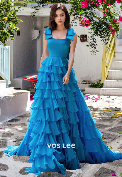 Graceful A-Line Square Neck Bow Blue Tiered Satin Long Prom Formal Dress