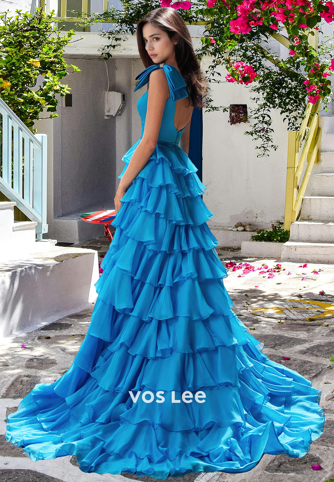 Graceful A-Line Square Neck Bow Blue Tiered Satin Long Prom Formal Dress