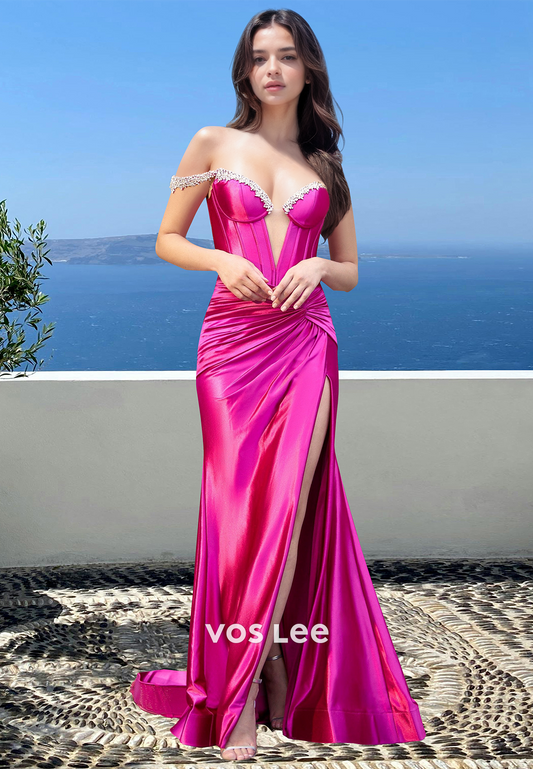 Fuchsia Sheath Plunging V Neck Illusion Sequins Lace Up Satin Prom Evening Dress