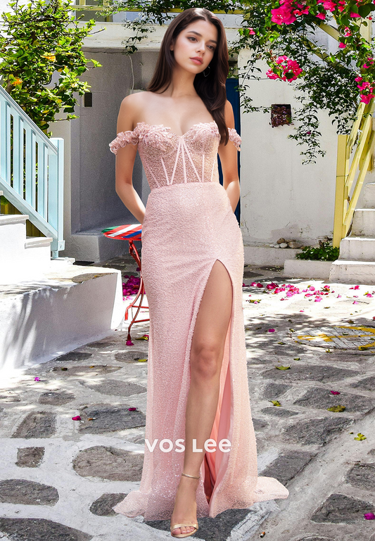 Elegant Column Off Shoulder Side Split Sequins Lace Sweep Train Prom Formal Dress