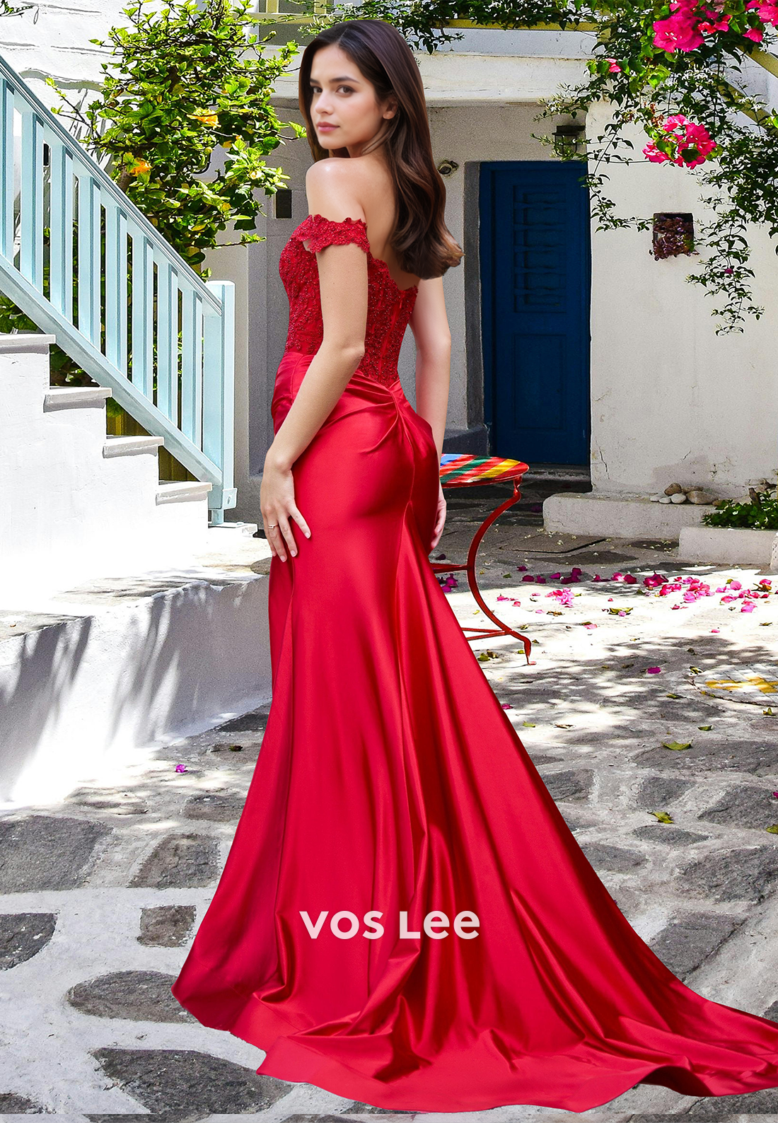 Charming Trumpet Red Off Shoulder Back Zipper Side Split Lace Prom Party Dress Charming Trumpet Red Off Shoulder Back Zipper Side Split Lace Prom Party Dress