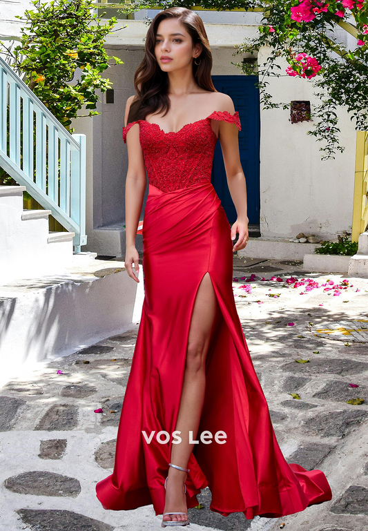 Charming Trumpet Red Off Shoulder Back Zipper Side Split Lace Prom Party Dress