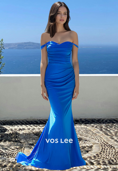 Mermaid Off Shoulder Sleeveless Blue Draped Satin Sweep Train Prom Formal Dress