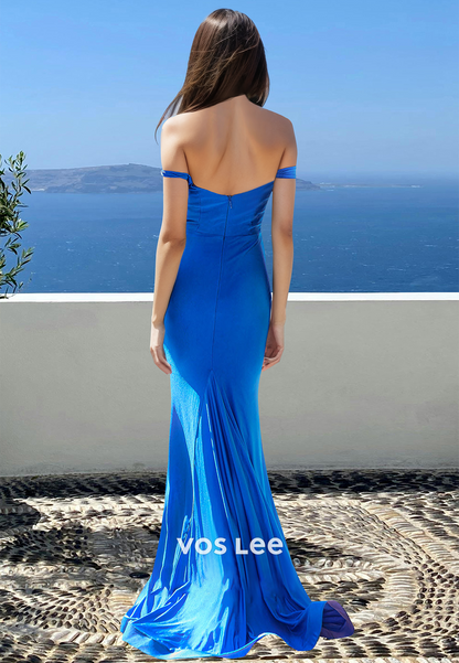 Mermaid Off Shoulder Sleeveless Blue Draped Satin Sweep Train Prom Formal Dress