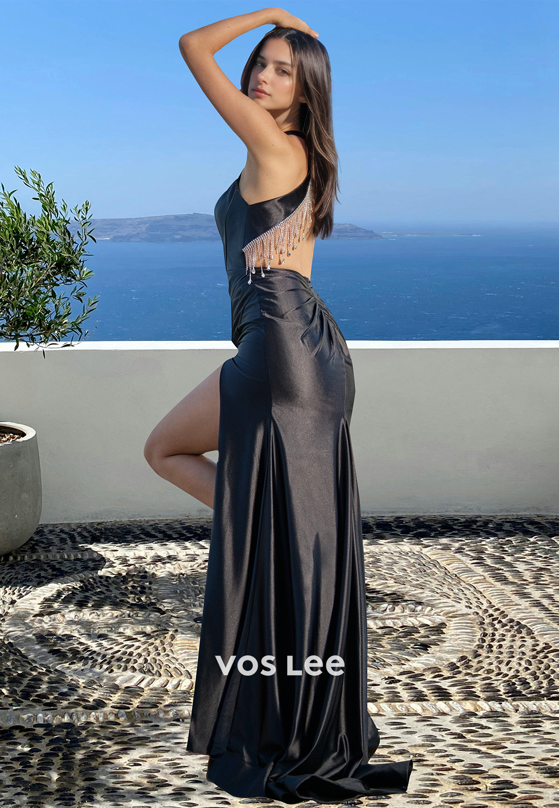 Unique Sheath Deep V Neck Backless Beaded Side Split Black Prom Evenimg Dress