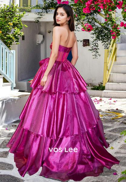 Unqiue A-Line Strapless Illusion Tiered Sparkly Fuchsia Satin Prom Evening Dress