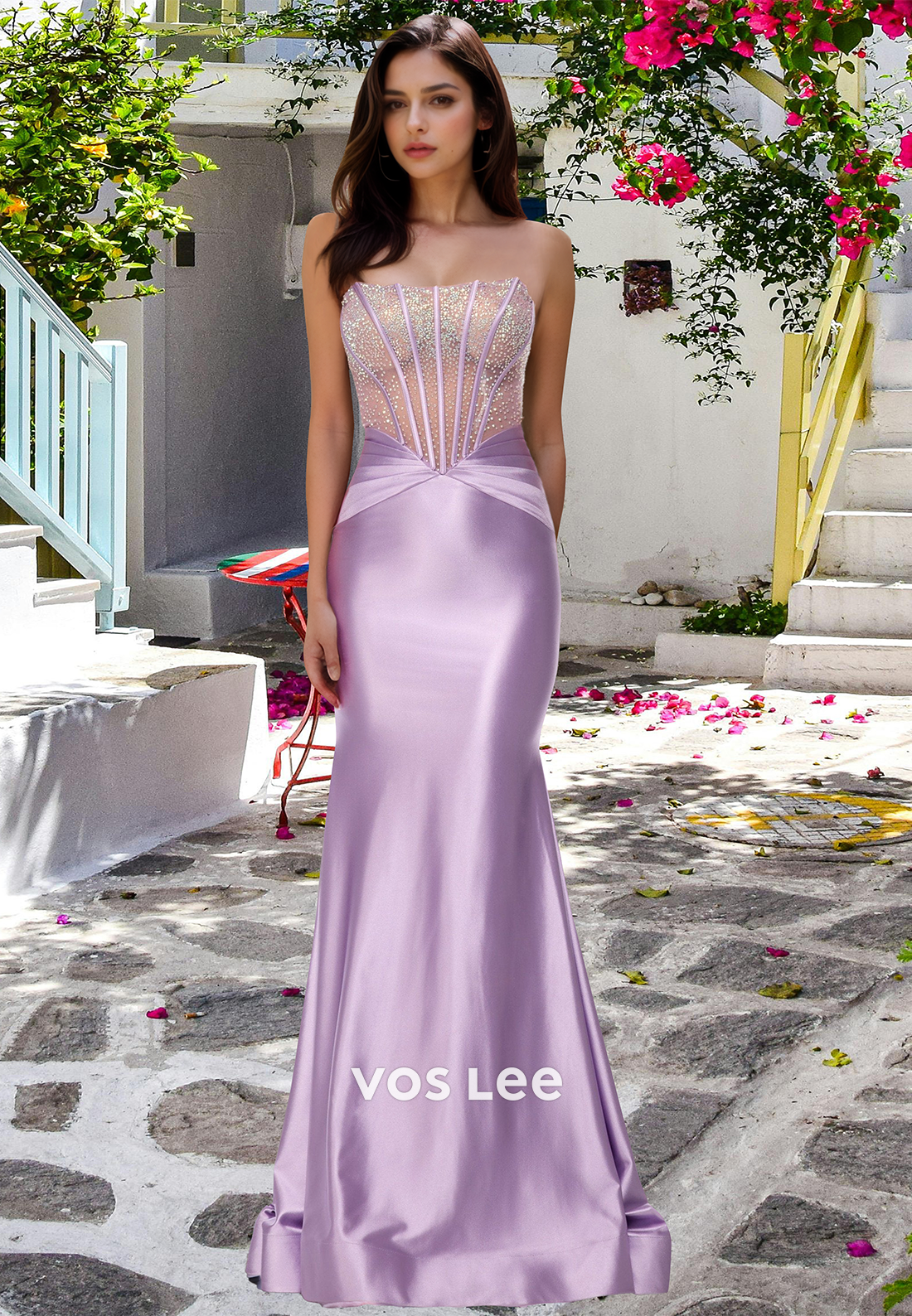 Sexy Column Lilac Strapless Sequins Backless Sweep Train Prom Pageant Dress