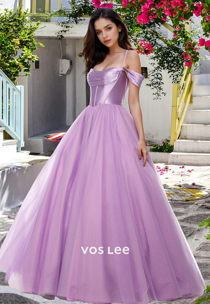 Elegant A-Line Off Shoulder Back Zipper Pleated Tulle Lilac Prom Graduation Dress Glitter