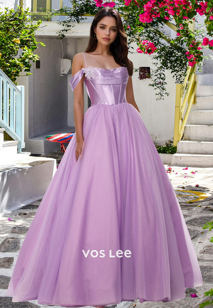 Elegant A-Line Off Shoulder Back Zipper Pleated Tulle Lilac Prom Graduation Dress Glitter