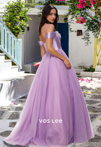 Elegant A-Line Off Shoulder Back Zipper Pleated Tulle Lilac Prom Graduation Dress Glitter