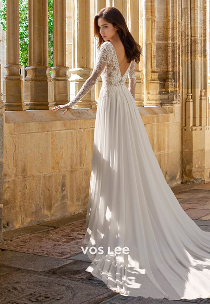 Elegant A-Line Bateau Long Sleeves Backless Lace Appliques Wedding Dress